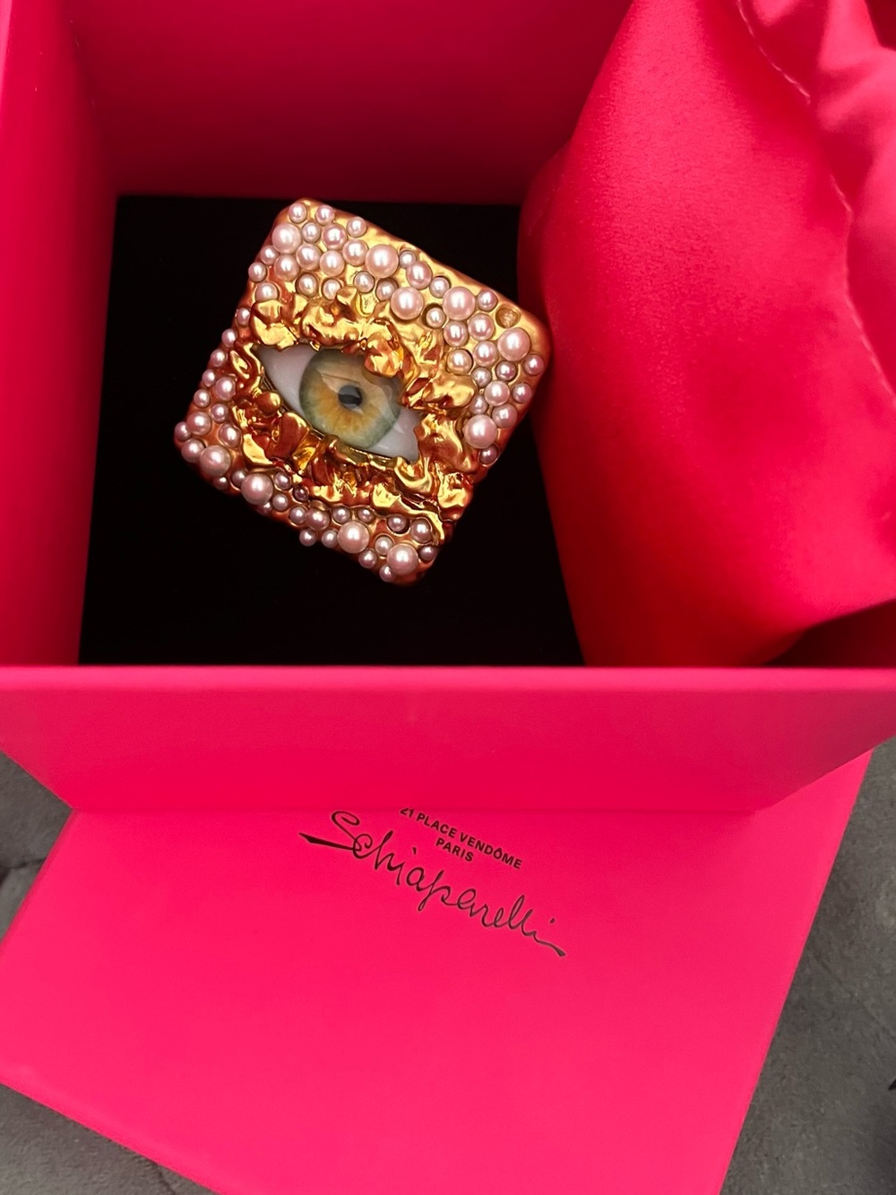 100% Authentic Schiaparelli Gold & Pearl Eye Statement Ring.